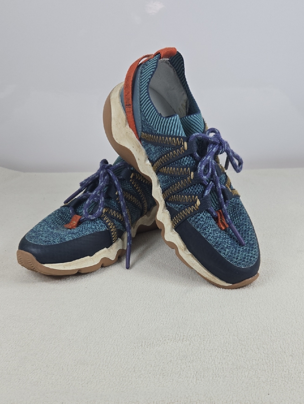 Madewell Slip-On Sneakers in Navy Blue and Teal with Orange Accent